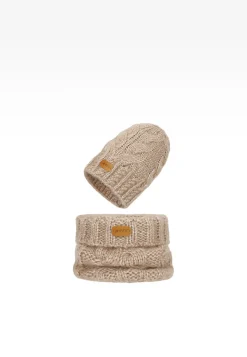 Beżowy zestaw BARTEK z wełną merino 85604-84, czapka + komin