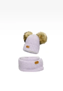 Fioletowy zestaw BARTEK 85603-86 z wełną merino - czapka z dwoma pomponami i komin
