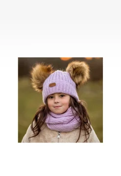 Fioletowy zestaw BARTEK 85603-86  z wełną merino - czapka z dwoma pomponami i komin