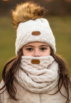 Jasnobeżowy komplet BARTEK 8560284 czapka + komin z wełną merino