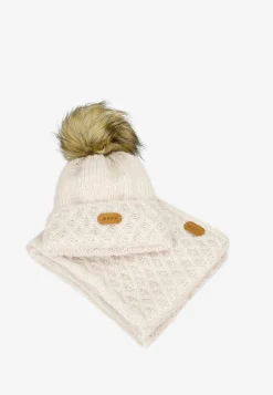 Jasnobeżowy komplet BARTEK 8560284 czapka + komin z wełną merino