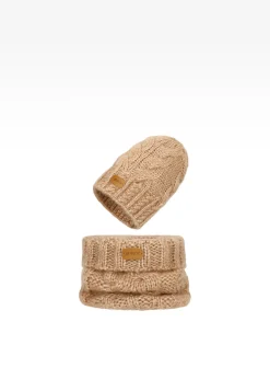 Jasnobrązowy zestaw BARTEK z wełny merino 85604-82, czapka + komin