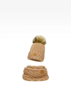 Jasnobrązowy zestaw BARTEK 85602-83 z wełną merino - czapka + komin