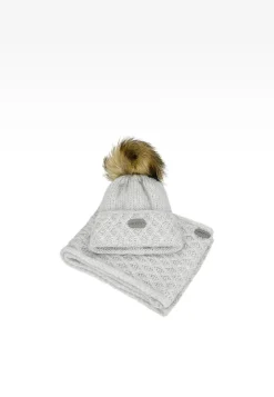 Szary zestaw BARTEK z wełną merino 85602-80 czapka z puchatym pomponem + komin