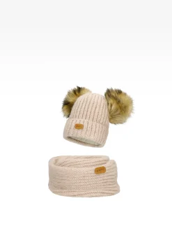 Zestaw zimowy z wełną merino BARTEK 85603-84 beżowa czapka z dwoma pomponami i komin