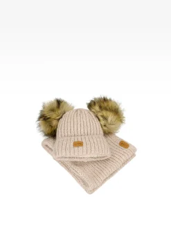 Zestaw zimowy z wełną merino BARTEK 85603-84 beżowa czapka z dwoma pomponami i komin
